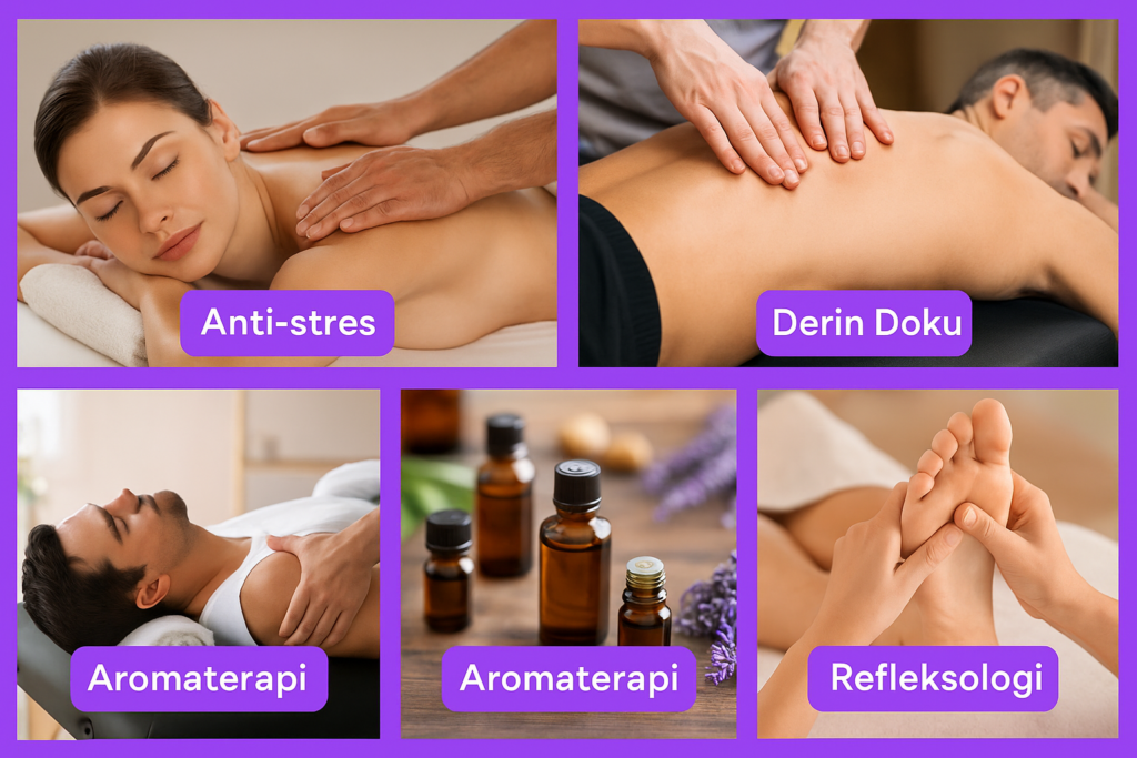 Anti-stres, derin doku, spor masajı, aromaterapi ve refleksoloji kolaj görseli